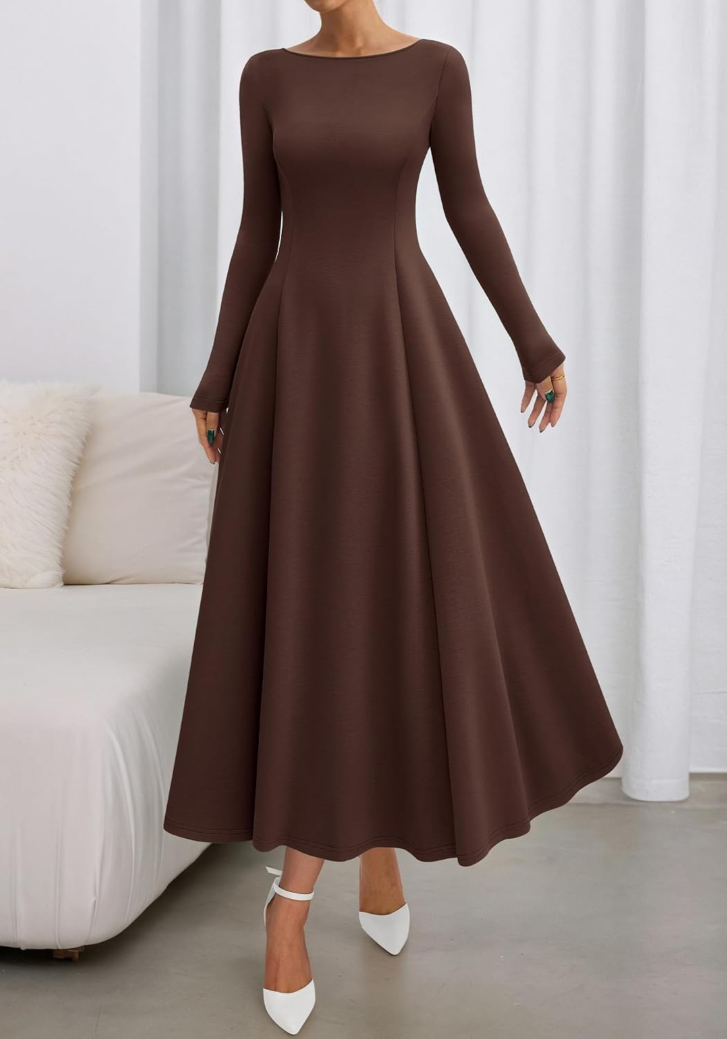 image:imageBTFBM Womens Long Sleeve A Line Maxi Wedding Guest DressesDark Brown