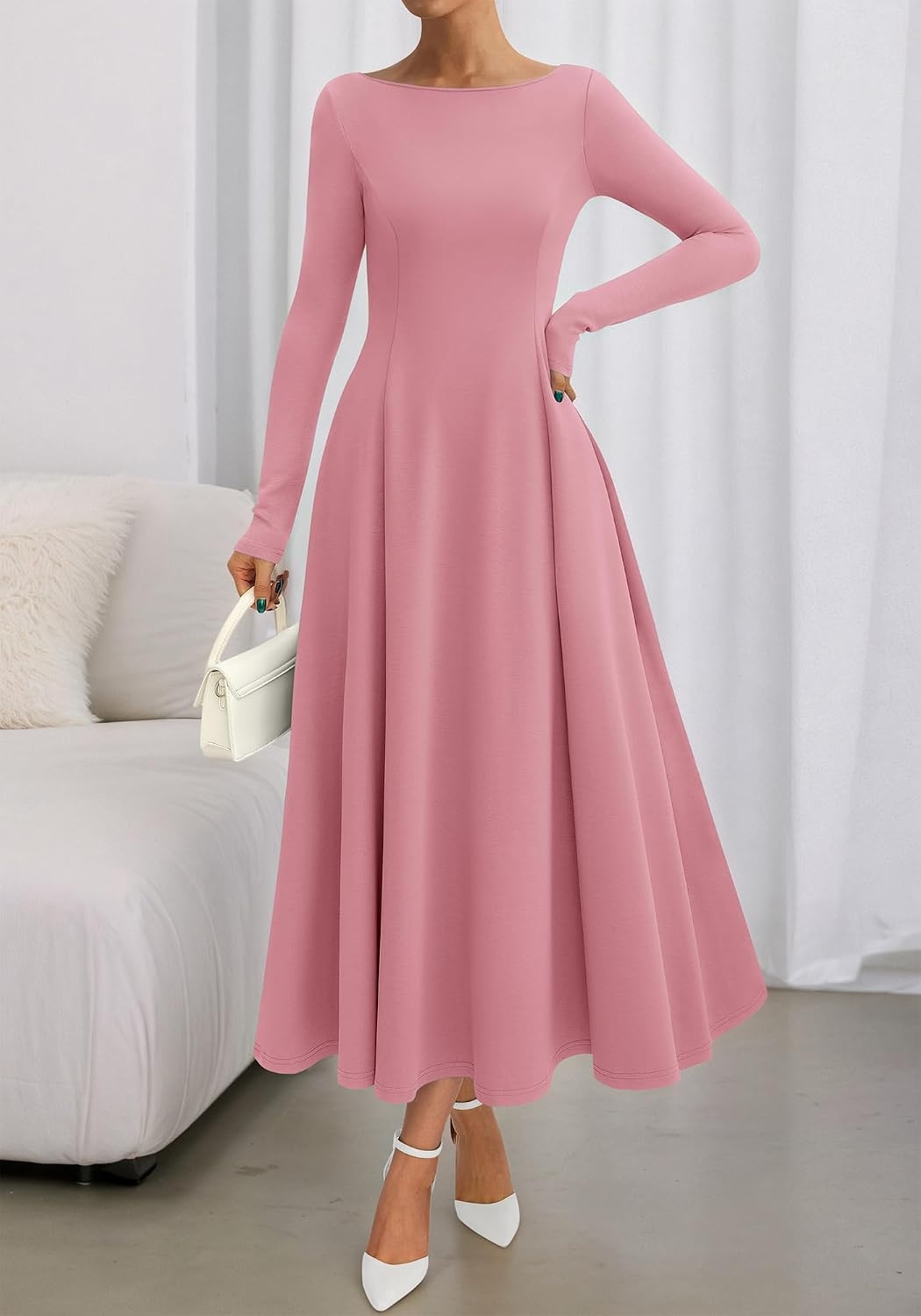 image:imageBTFBM Womens Long Sleeve A Line Maxi Wedding Guest DressesPink