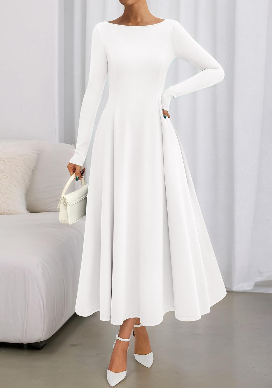 image:imageBTFBM Womens Long Sleeve A Line Maxi Wedding Guest DressesWhite
