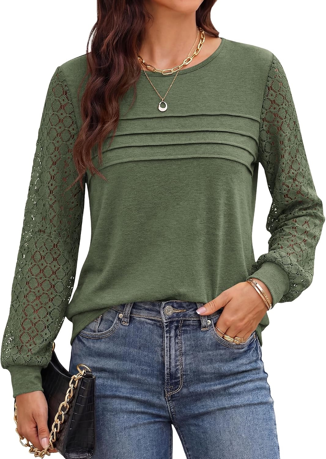 image:imageBTFBM Womens Long Sleeve Shirts Dressy Lace TopsArmy Green