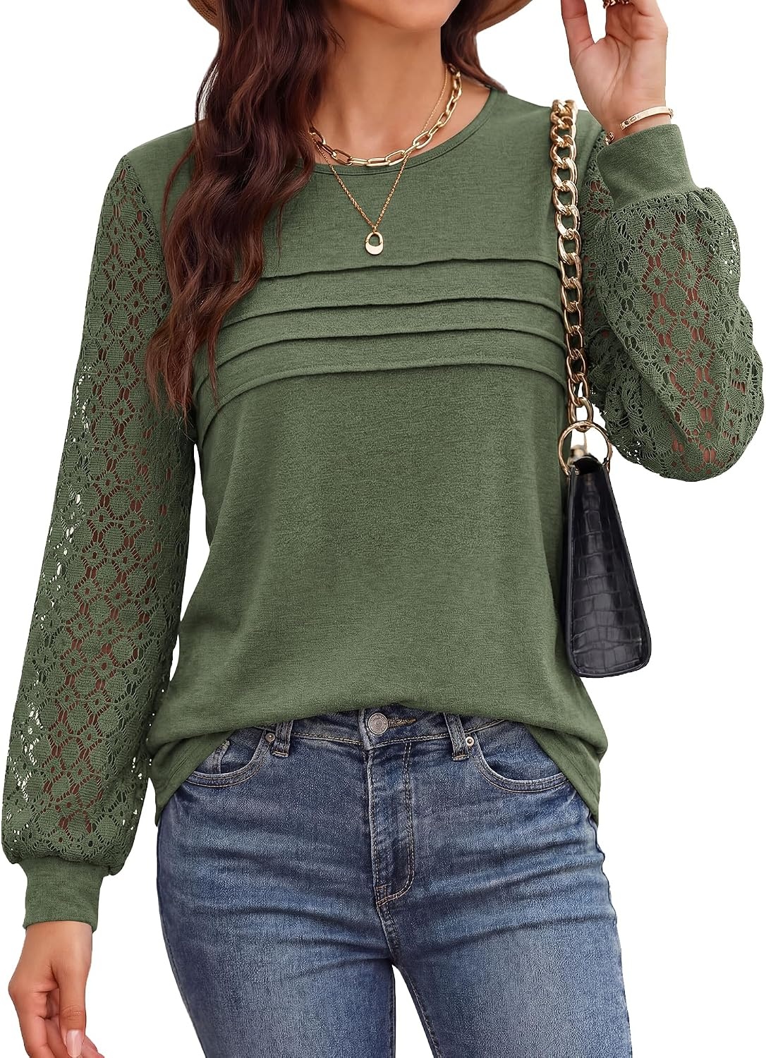 image:imageBTFBM Womens Long Sleeve Shirts Dressy Lace TopsArmy Green