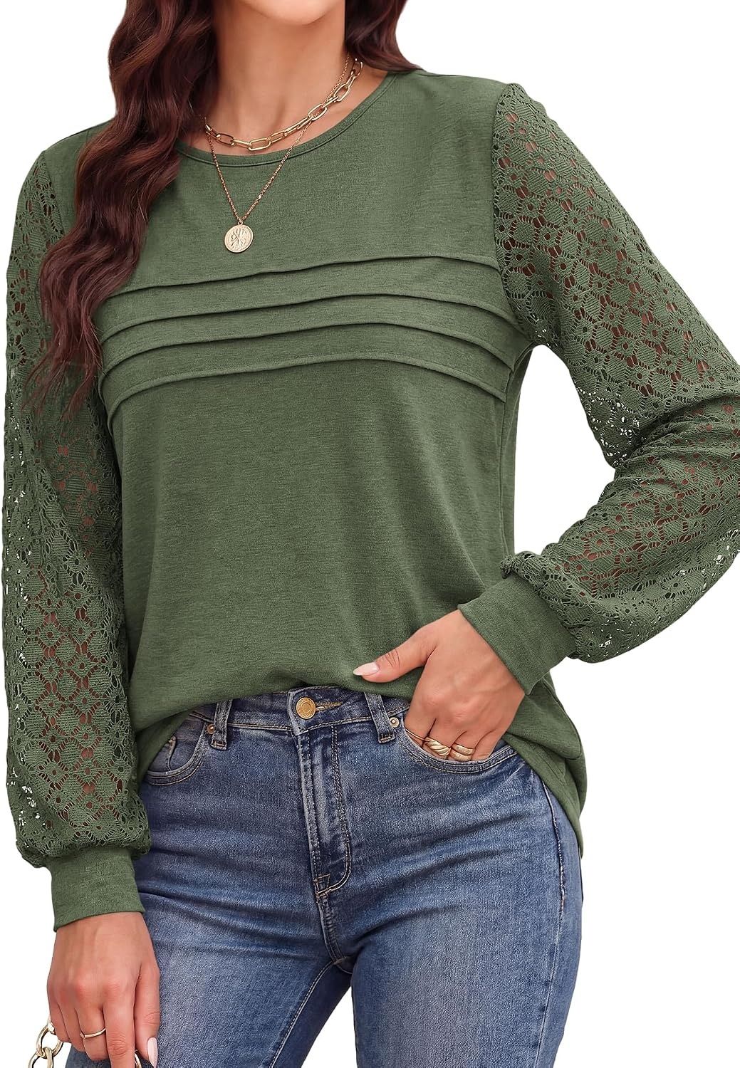 image:imageBTFBM Womens Long Sleeve Shirts Dressy Lace TopsArmy Green