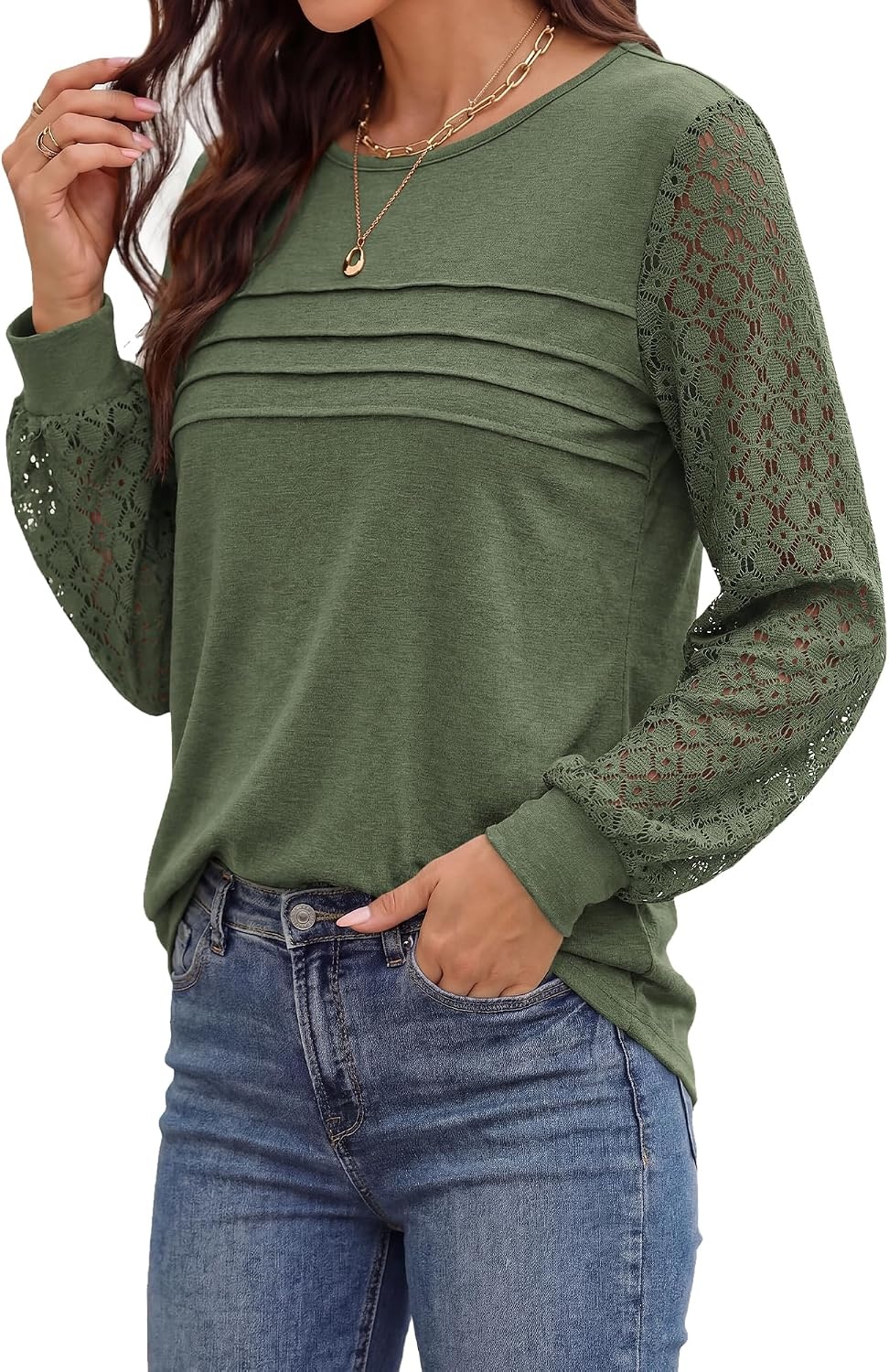 image:imageBTFBM Womens Long Sleeve Shirts Dressy Lace TopsArmy Green