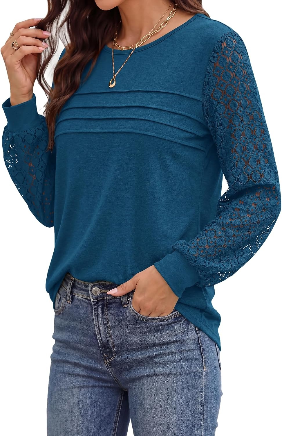 image:imageBTFBM Womens Long Sleeve Shirts Dressy Lace TopsDark Lake Blue