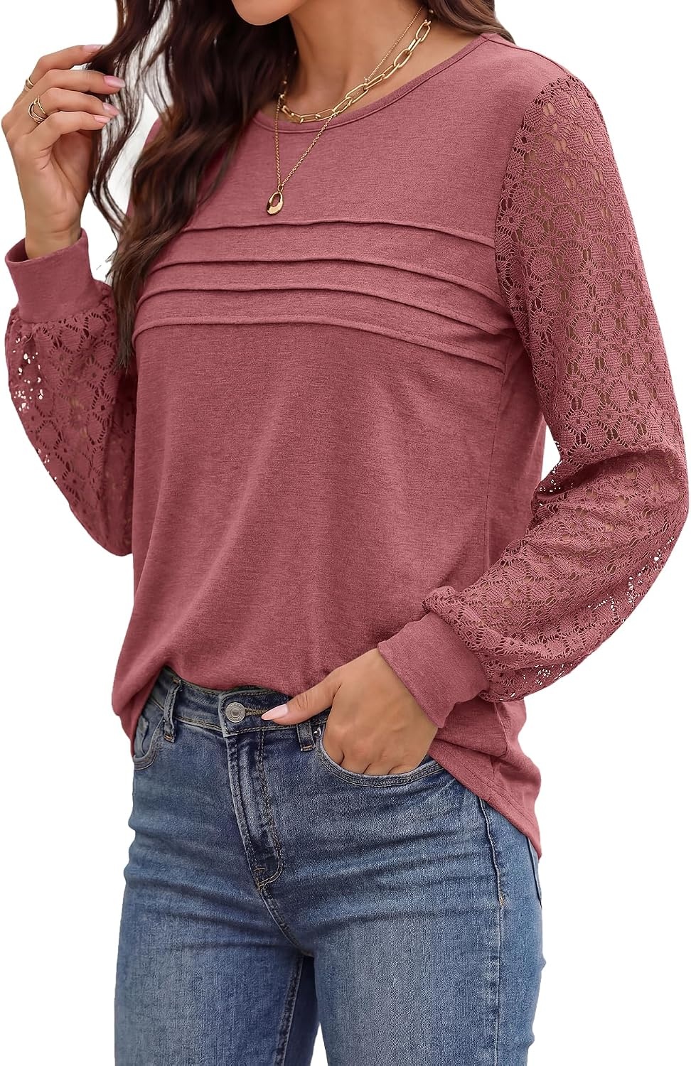 image:imageBTFBM Womens Long Sleeve Shirts Dressy Lace TopsDusty Pink