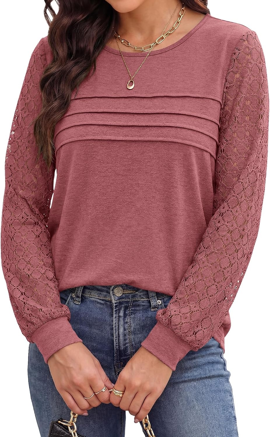 image:imageBTFBM Womens Long Sleeve Shirts Dressy Lace TopsDusty Pink