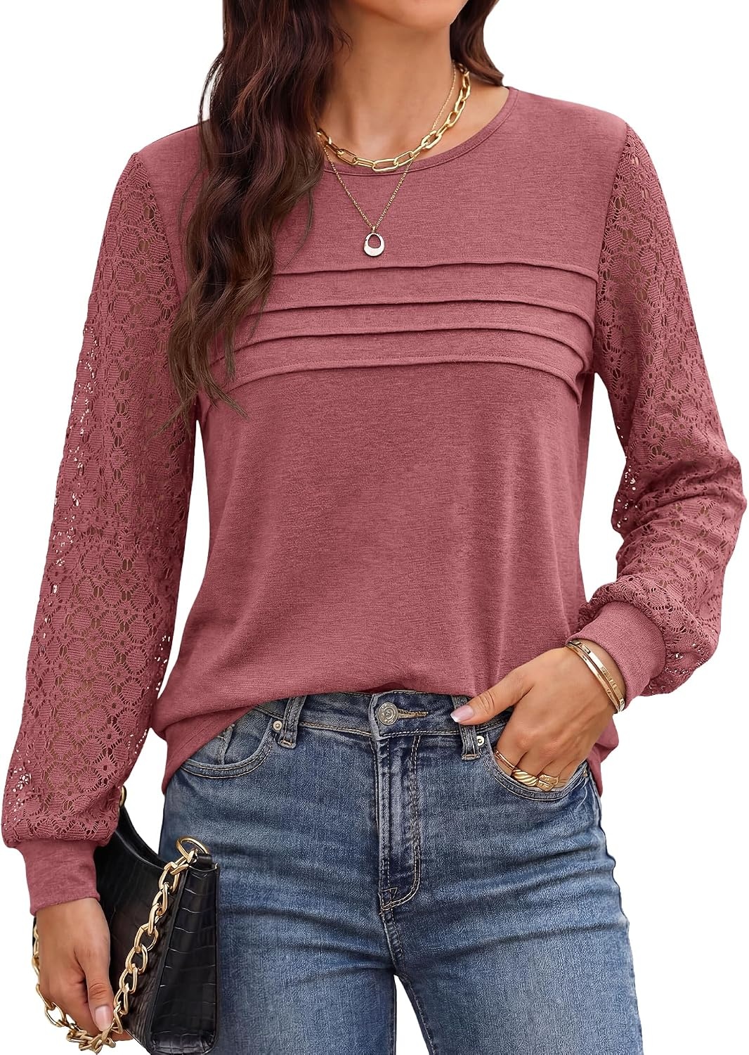 image:imageBTFBM Womens Long Sleeve Shirts Dressy Lace TopsDusty Pink