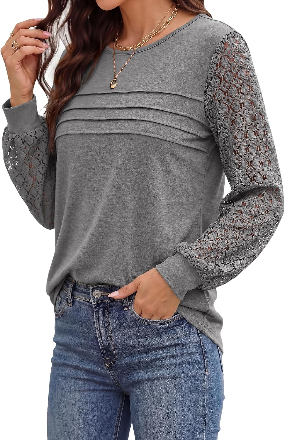image:imageBTFBM Womens Long Sleeve Shirts Dressy Lace TopsGrey