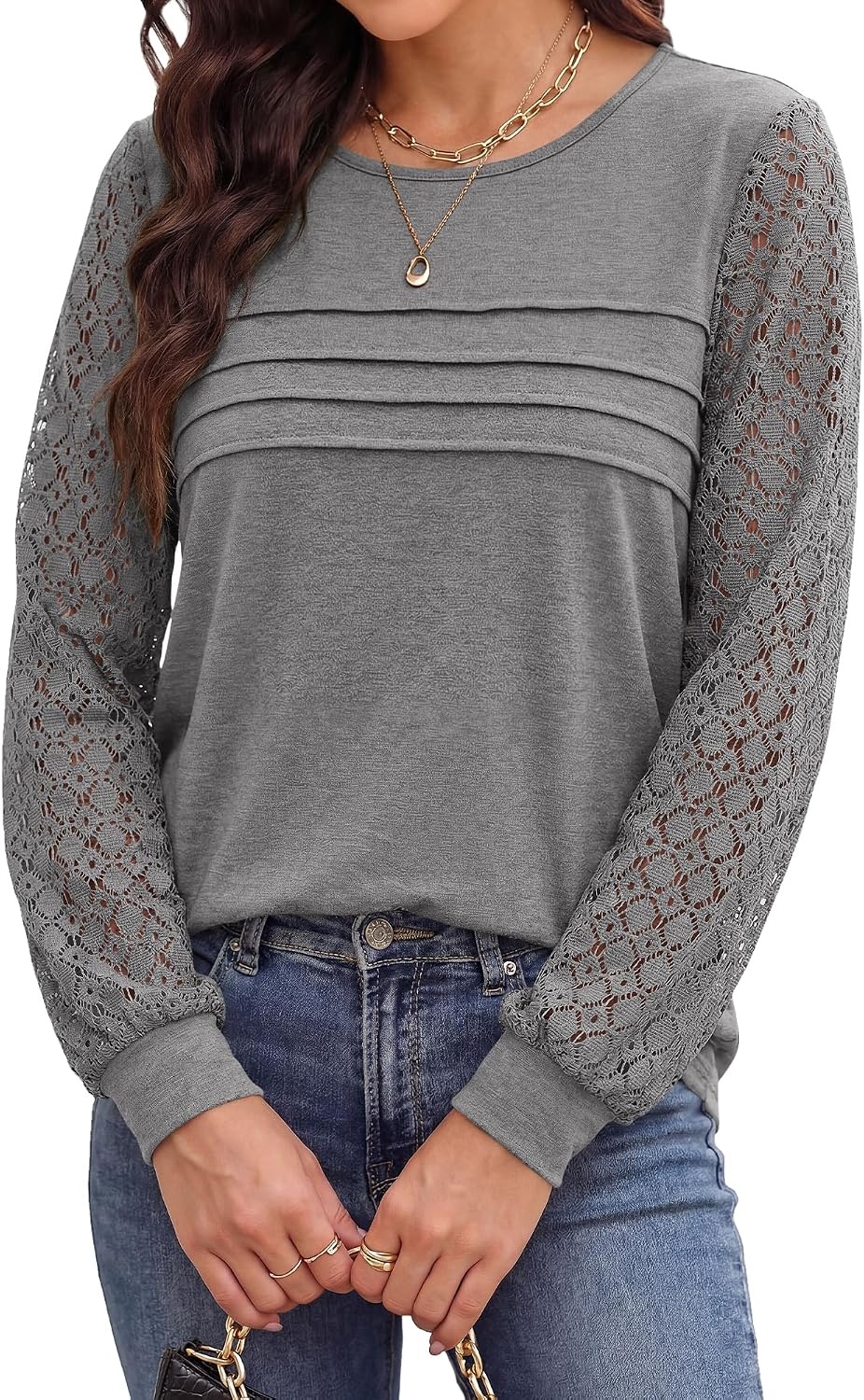 image:imageBTFBM Womens Long Sleeve Shirts Dressy Lace TopsGrey