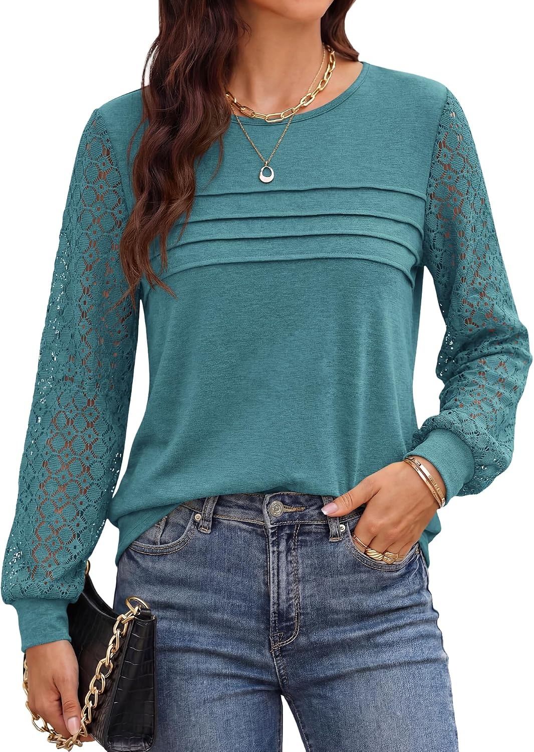image:imageBTFBM Womens Long Sleeve Shirts Dressy Lace TopsLake Blue