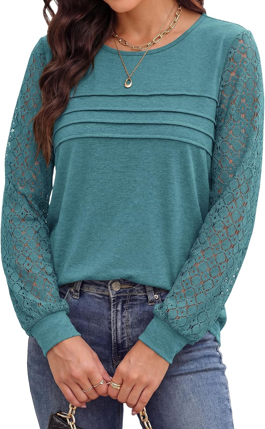 image:imageBTFBM Womens Long Sleeve Shirts Dressy Lace TopsLake Blue