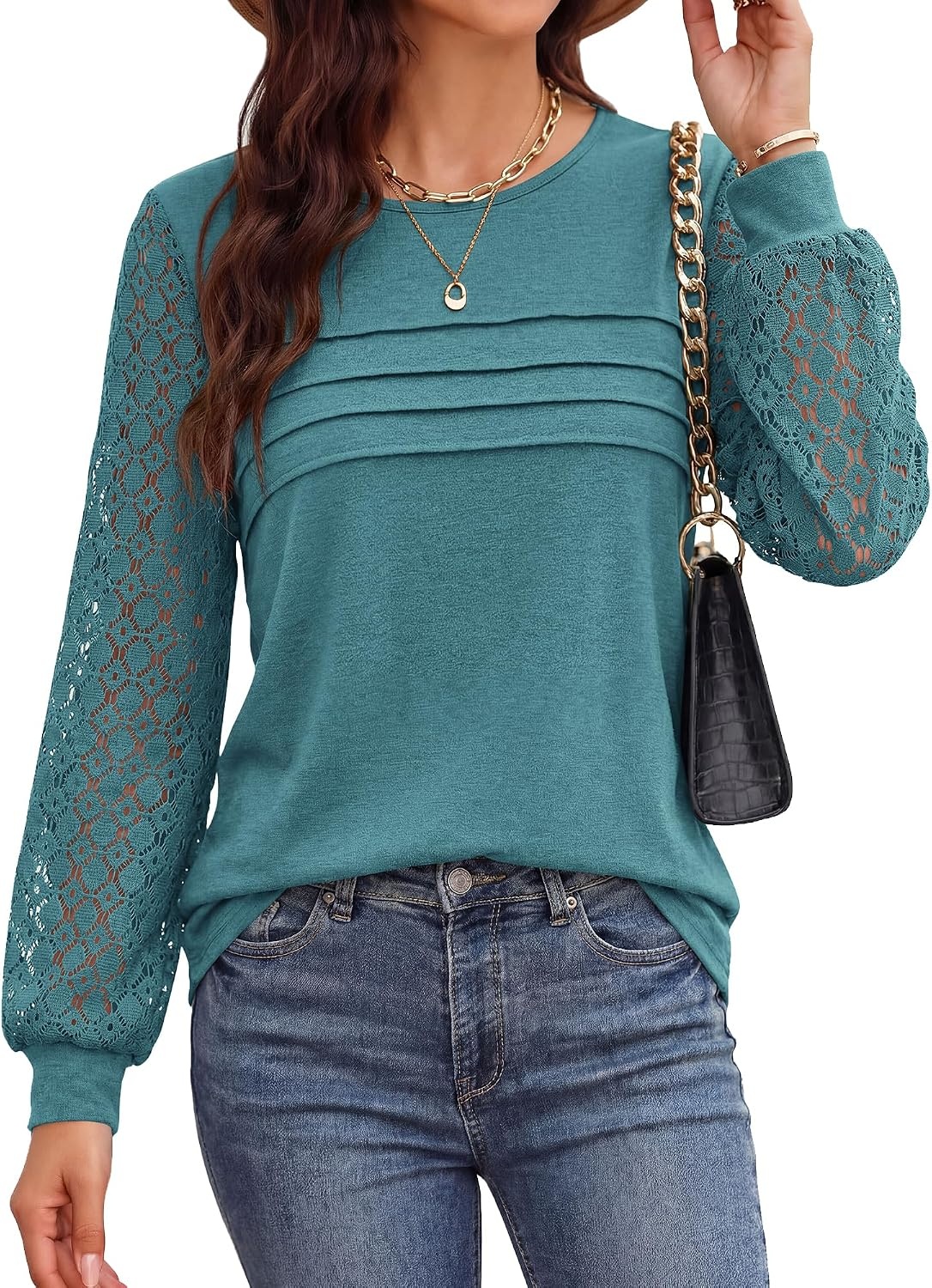 image:imageBTFBM Womens Long Sleeve Shirts Dressy Lace TopsLake Blue