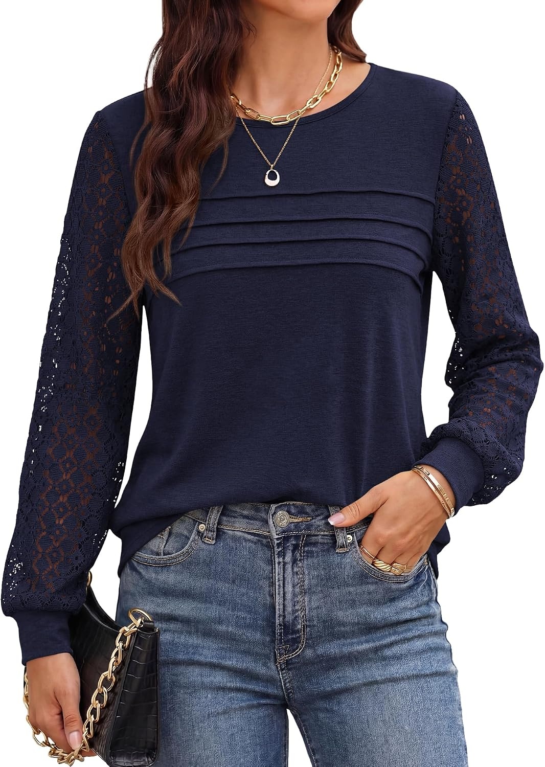 image:imageBTFBM Womens Long Sleeve Shirts Dressy Lace TopsNavy Blue