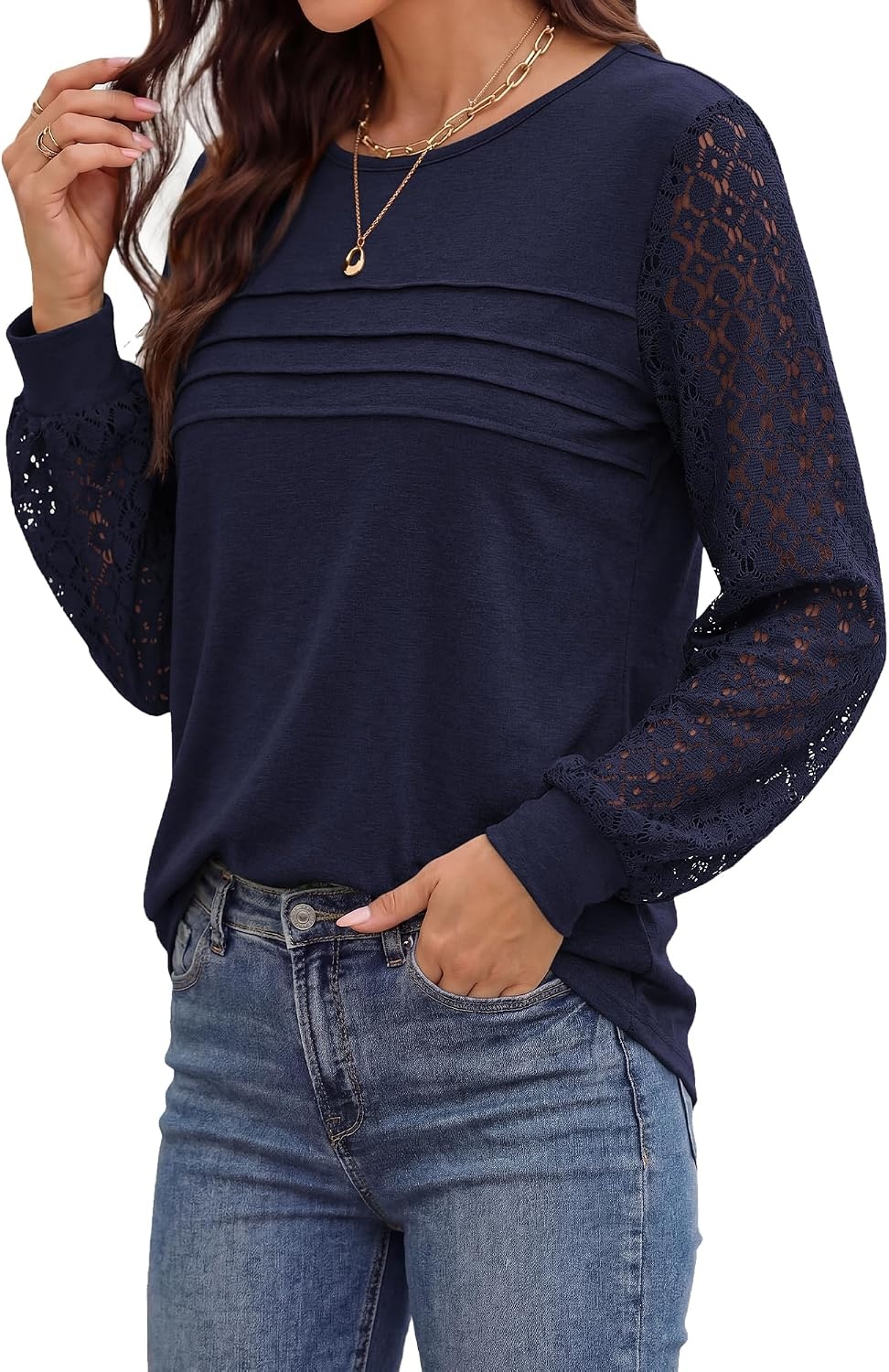 image:imageBTFBM Womens Long Sleeve Shirts Dressy Lace TopsNavy Blue