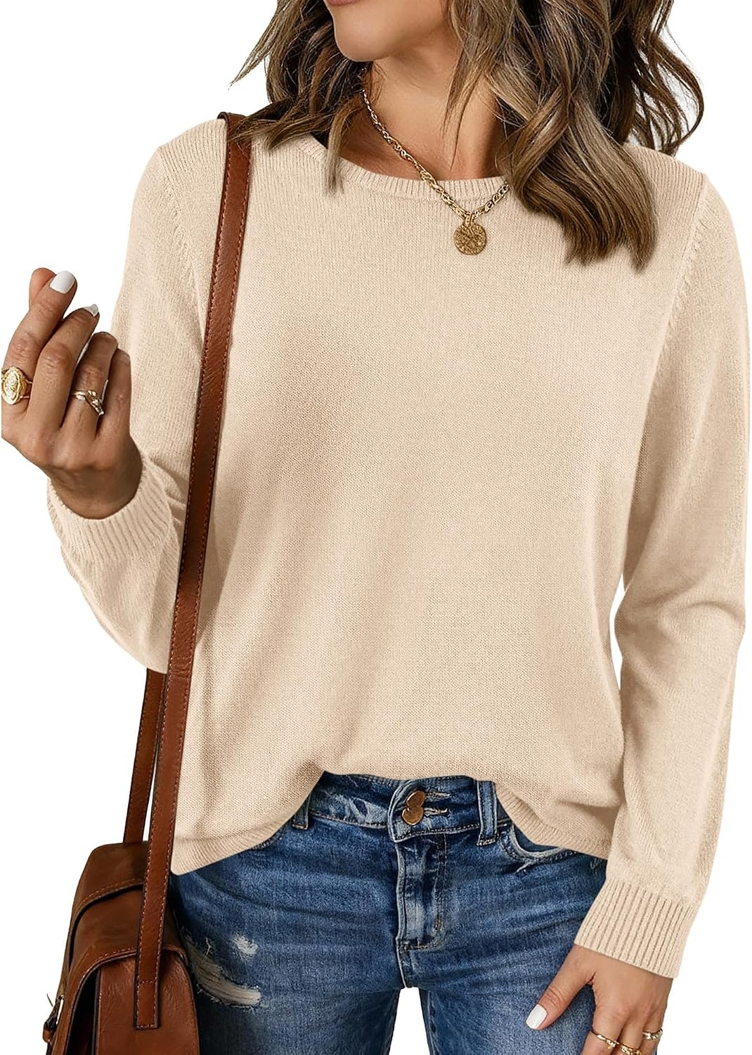 image:imageBTFBM Womens Long Sleeve Sweaters Crew Neck Basic TopsApricot