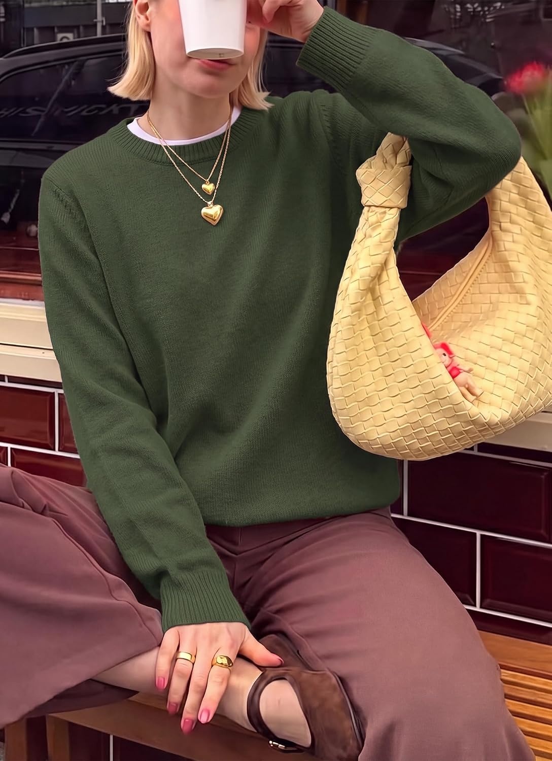 image:imageBTFBM Womens Long Sleeve Sweaters Crew Neck Basic TopsArmy Green