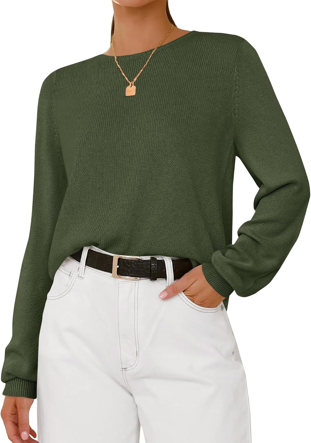 image:imageBTFBM Womens Long Sleeve Sweaters Crew Neck Basic TopsArmy Green