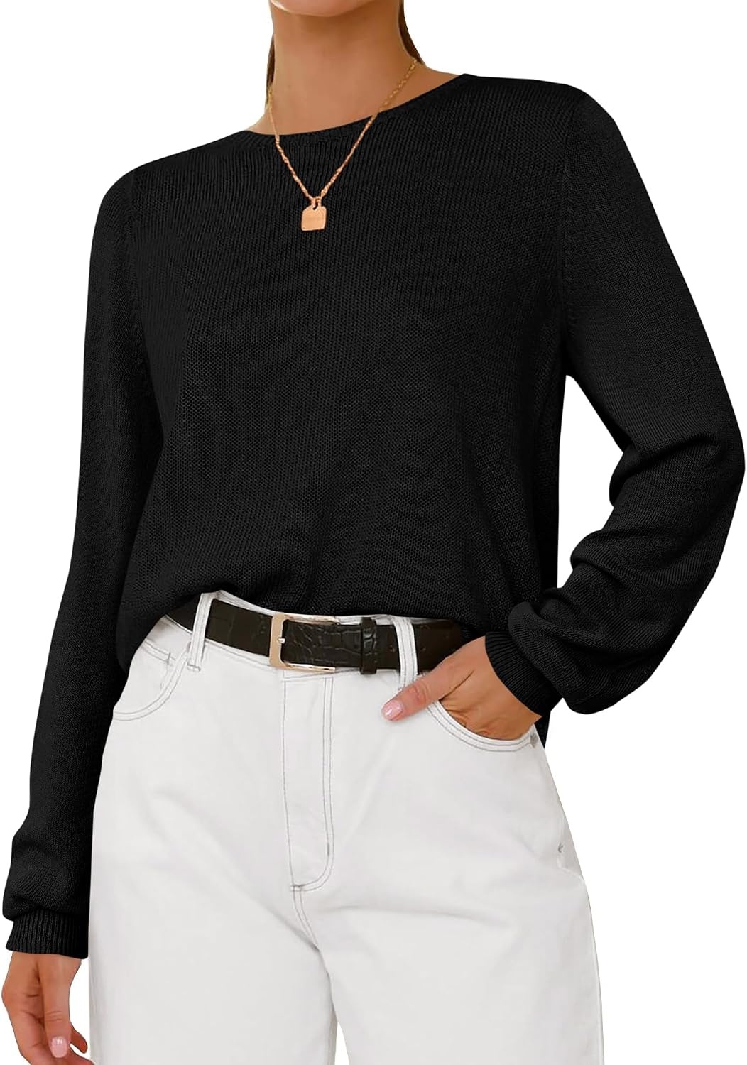 image:imageBTFBM Womens Long Sleeve Sweaters Crew Neck Basic TopsBlack