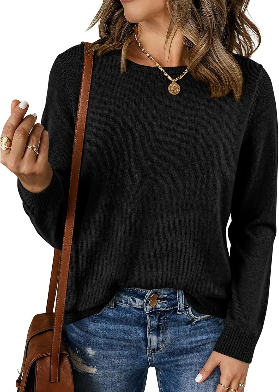 image:imageBTFBM Womens Long Sleeve Sweaters Crew Neck Basic TopsBlack