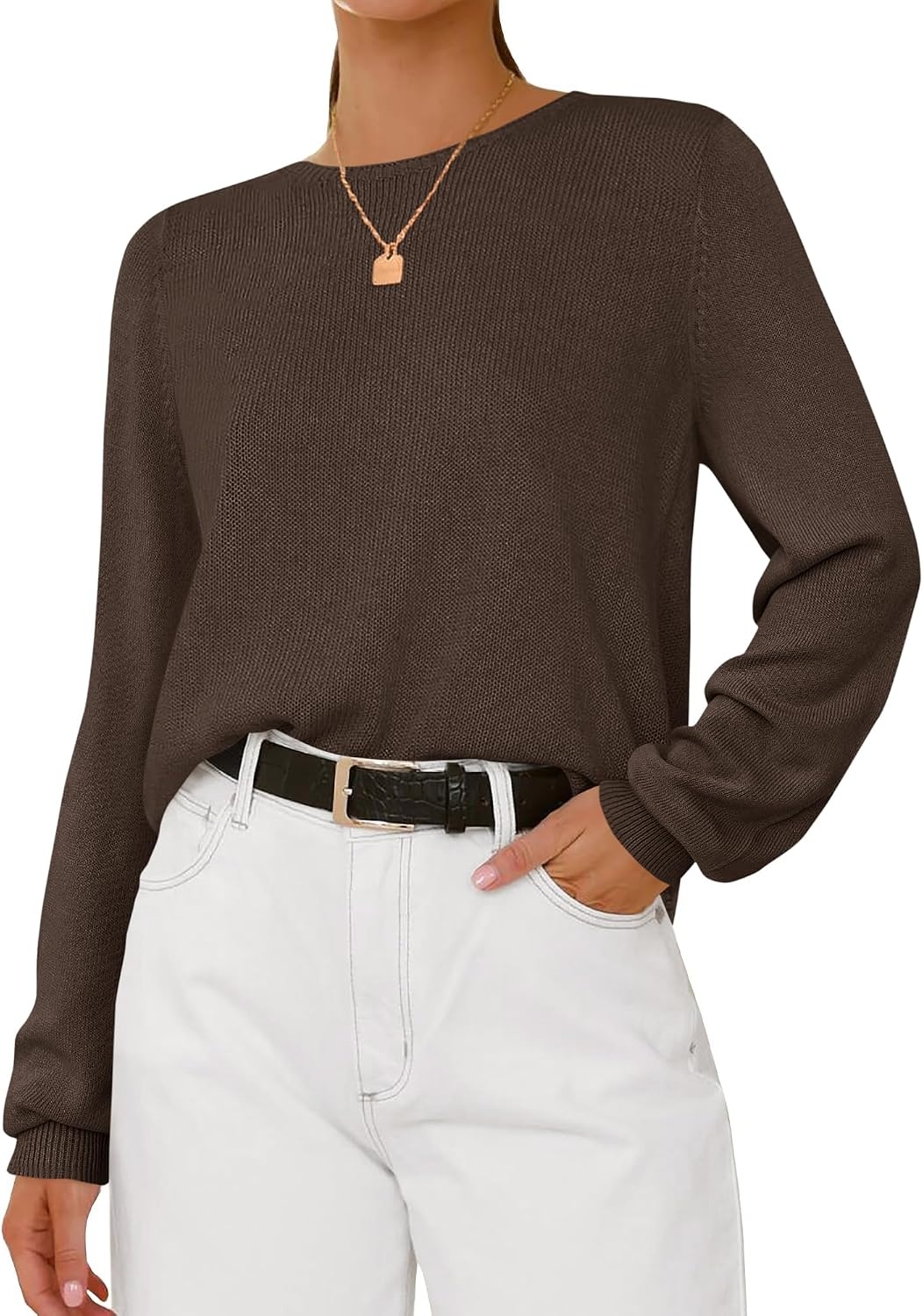 image:imageBTFBM Womens Long Sleeve Sweaters Crew Neck Basic TopsBrown