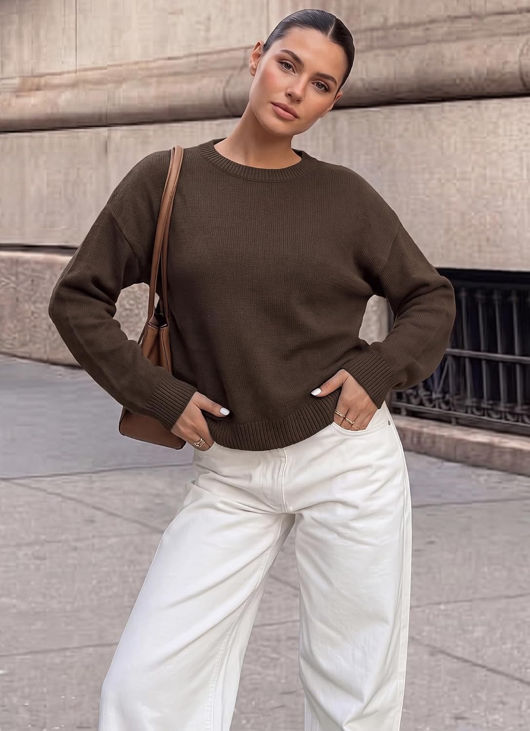 image:imageBTFBM Womens Long Sleeve Sweaters Crew Neck Basic TopsBrown