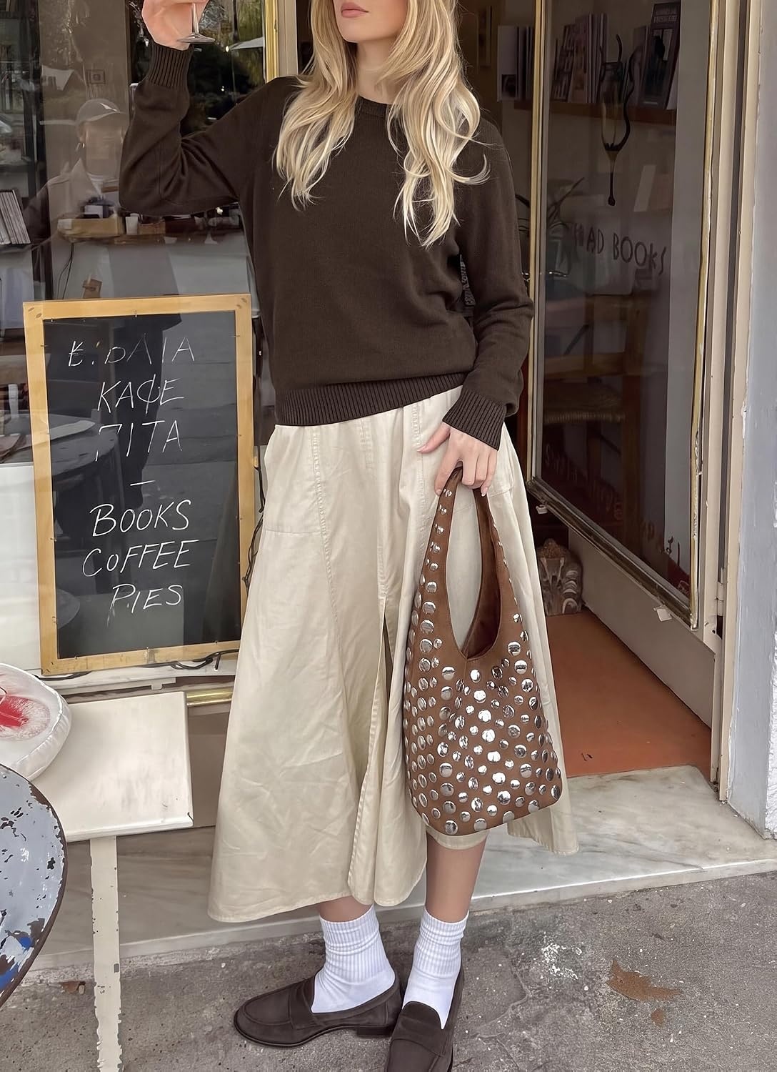 image:imageBTFBM Womens Long Sleeve Sweaters Crew Neck Basic TopsBrown