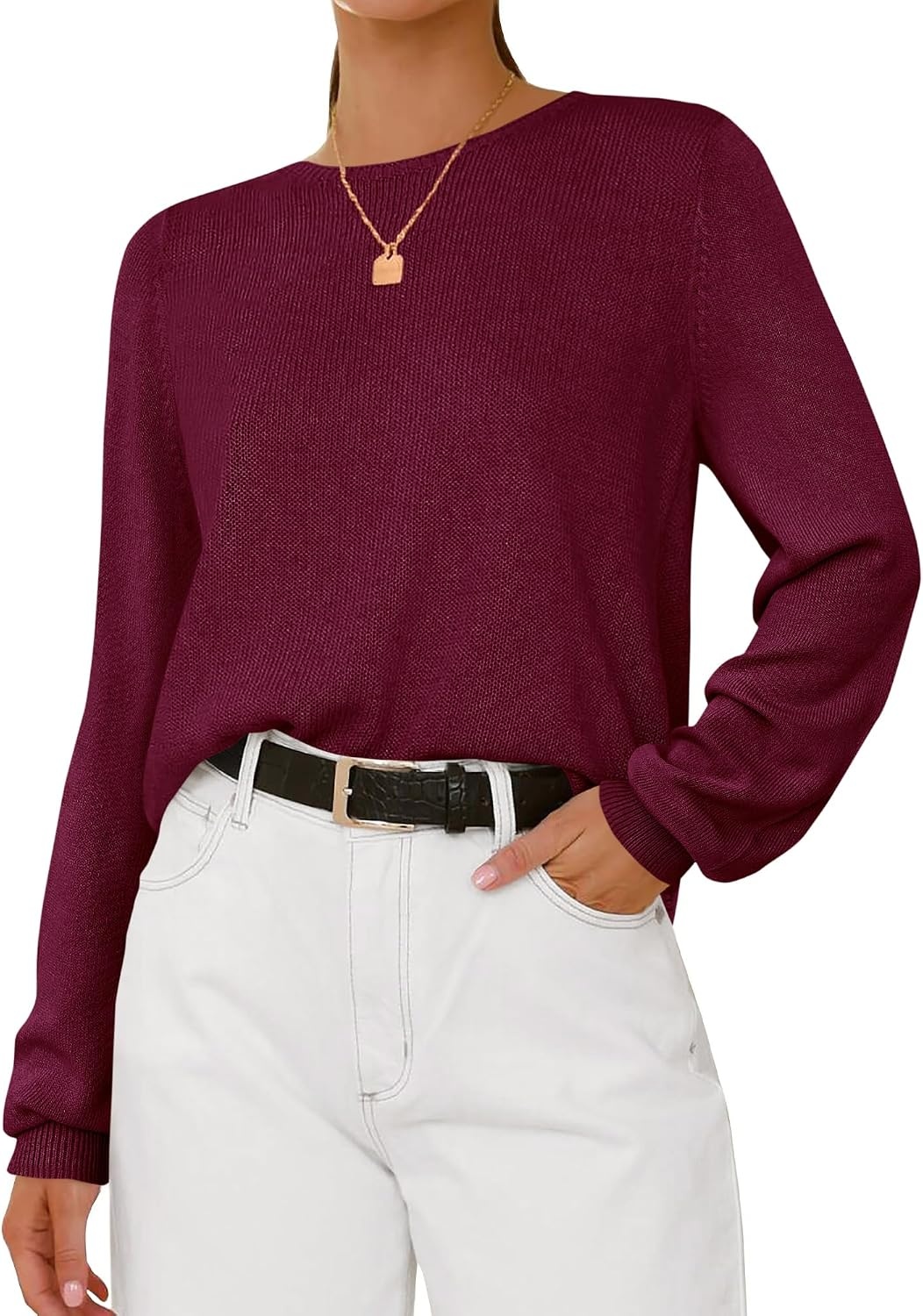 image:imageBTFBM Womens Long Sleeve Sweaters Crew Neck Basic TopsBurgundy
