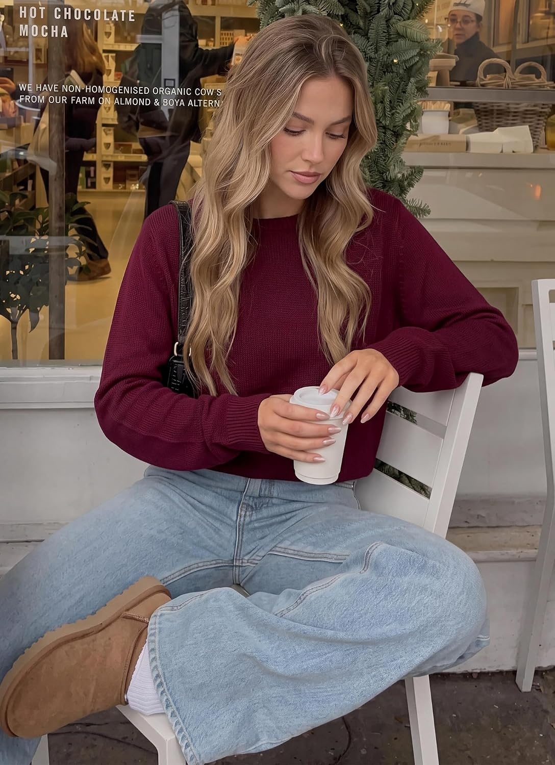image:imageBTFBM Womens Long Sleeve Sweaters Crew Neck Basic TopsBurgundy