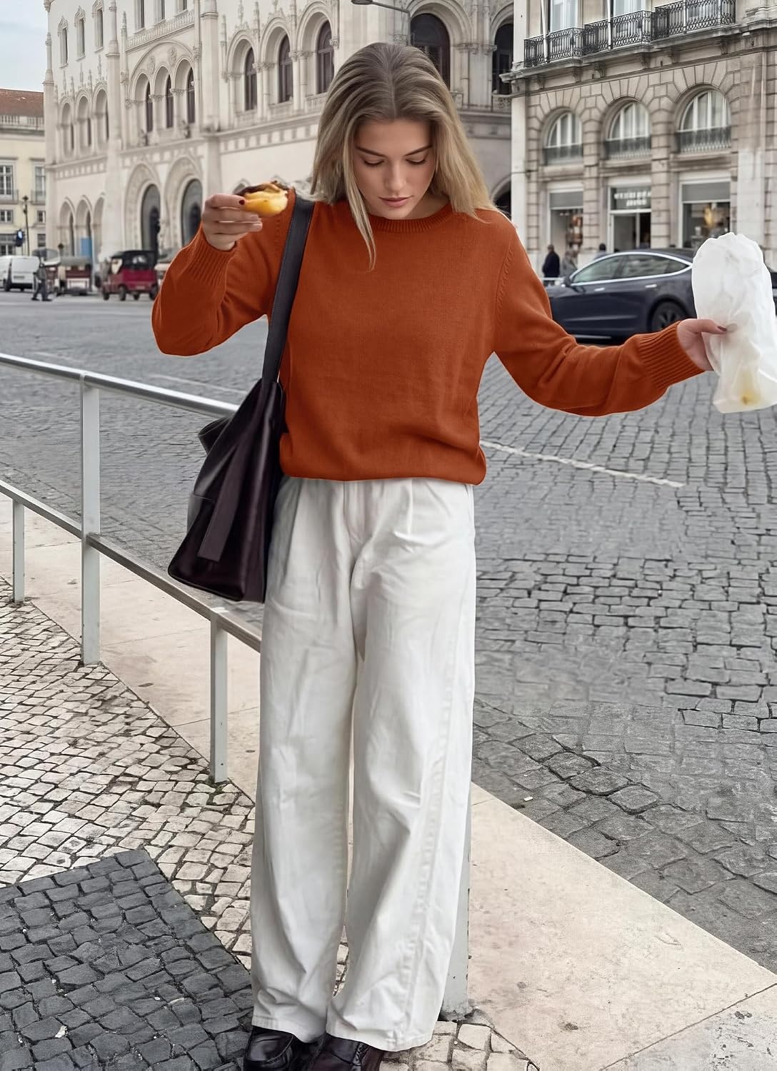 image:imageBTFBM Womens Long Sleeve Sweaters Crew Neck Basic TopsCaramel