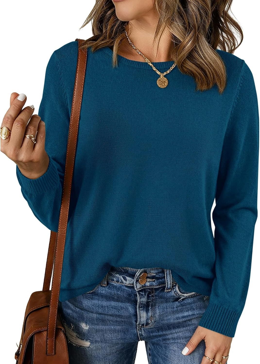 image:imageBTFBM Womens Long Sleeve Sweaters Crew Neck Basic TopsDark Blue