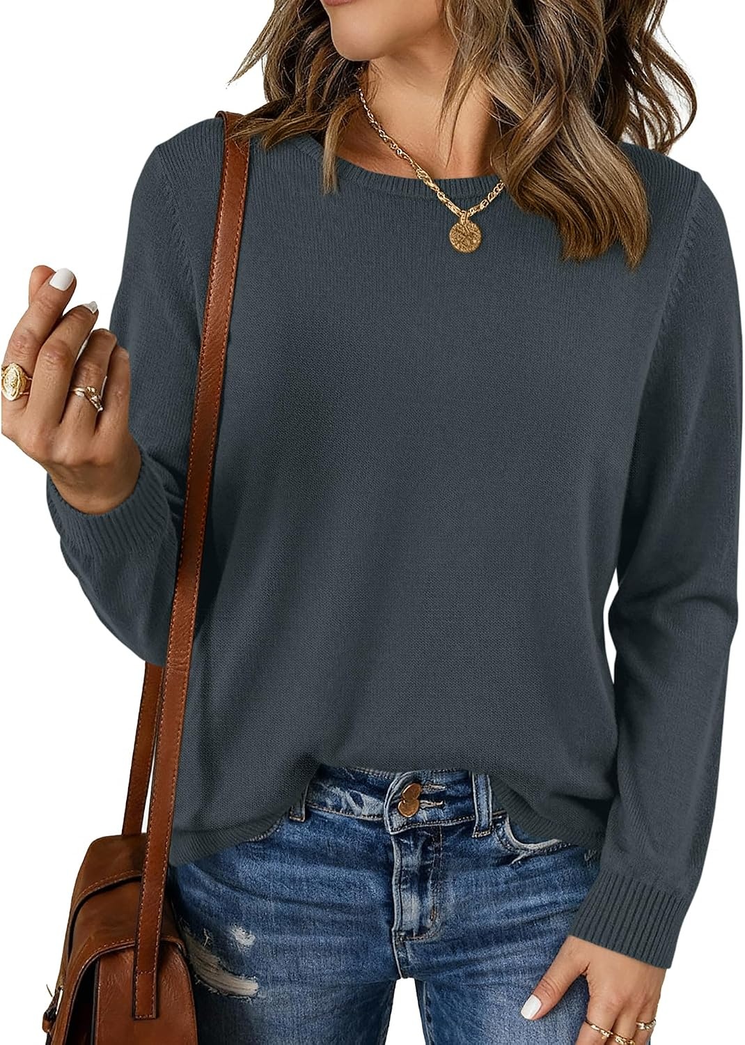 image:imageBTFBM Womens Long Sleeve Sweaters Crew Neck Basic TopsDark Gray