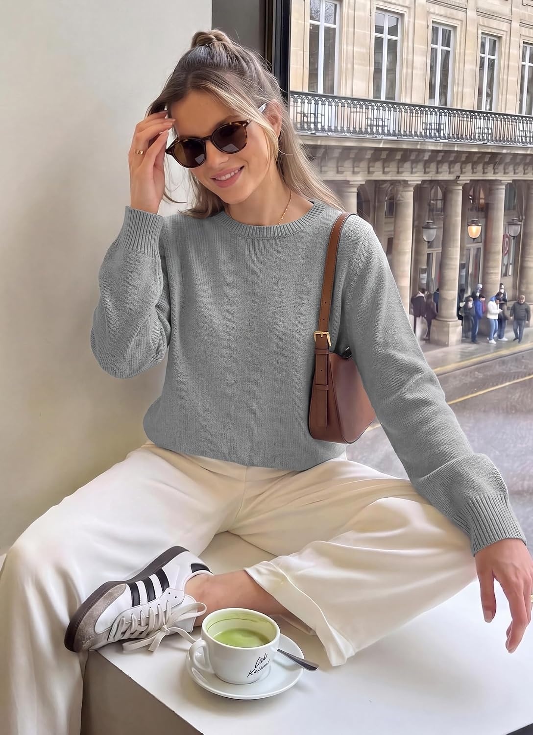 image:imageBTFBM Womens Long Sleeve Sweaters Crew Neck Basic TopsGrey
