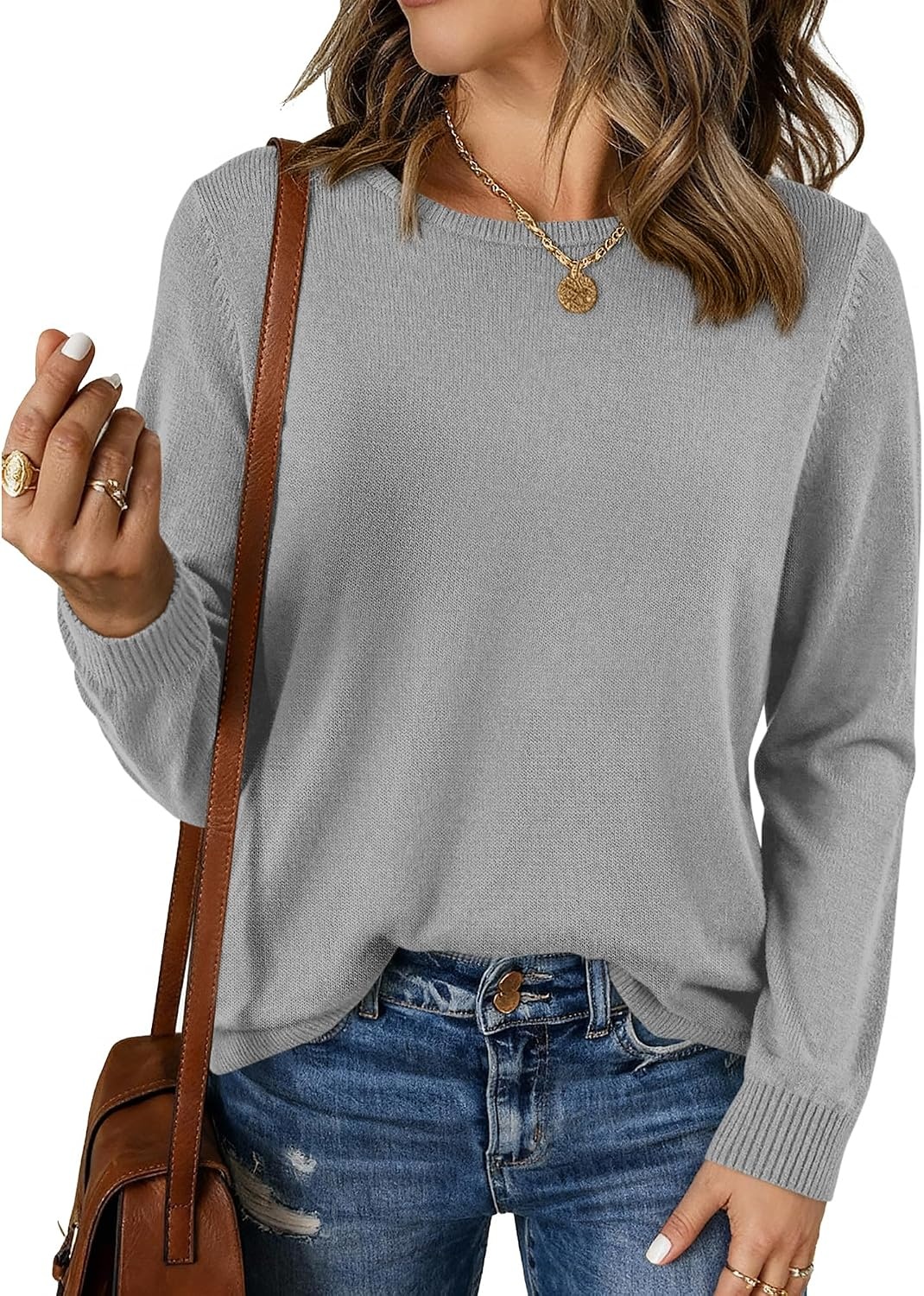 image:imageBTFBM Womens Long Sleeve Sweaters Crew Neck Basic TopsGrey