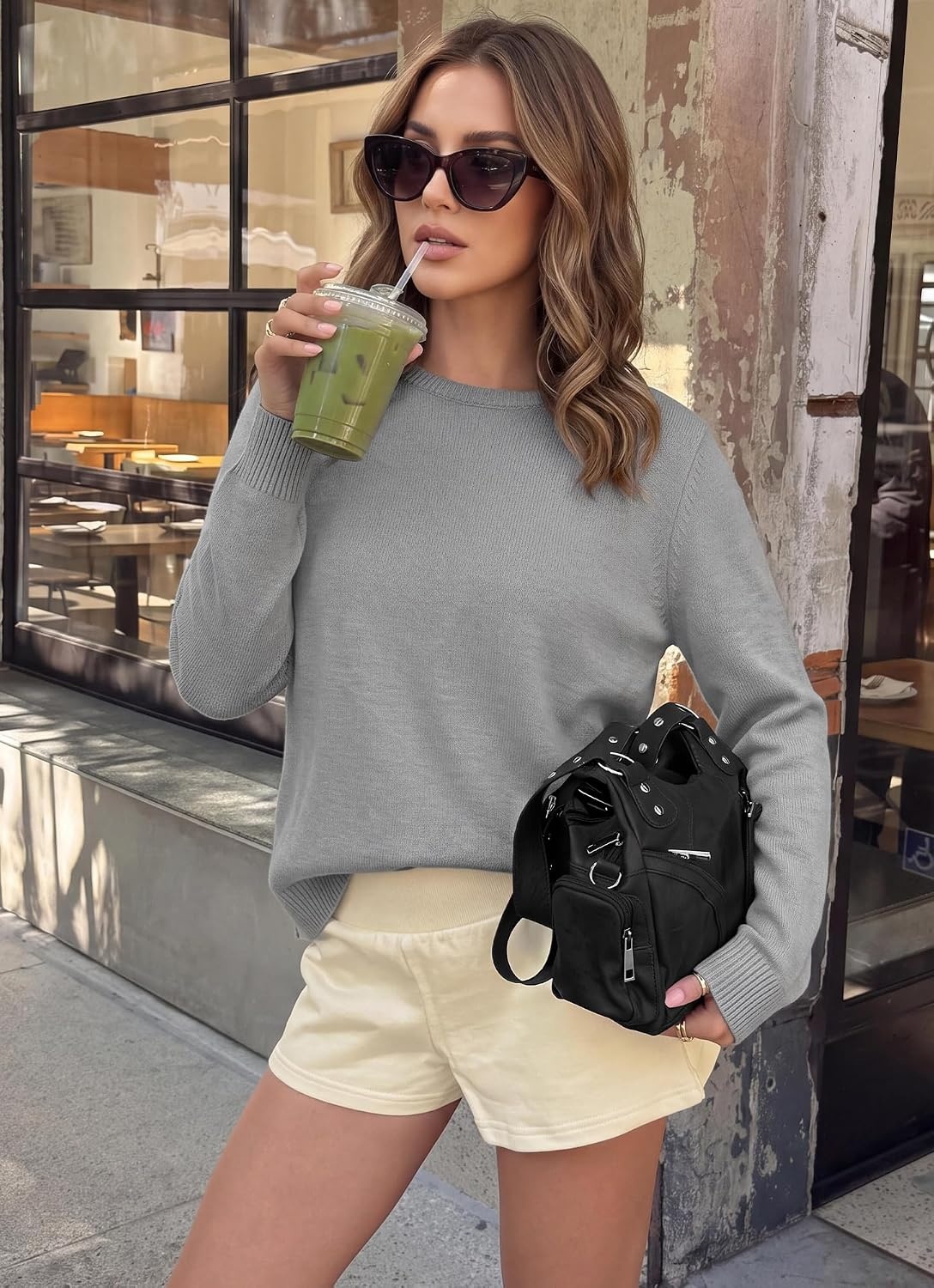 image:imageBTFBM Womens Long Sleeve Sweaters Crew Neck Basic TopsGrey