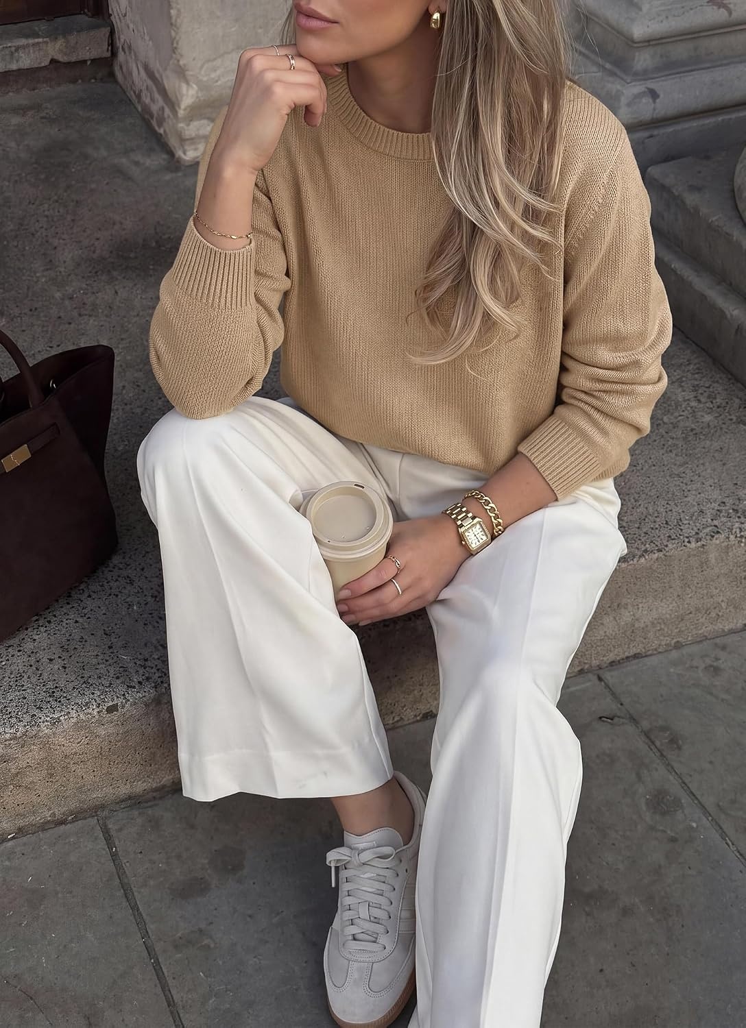 image:imageBTFBM Womens Long Sleeve Sweaters Crew Neck Basic TopsKhaki