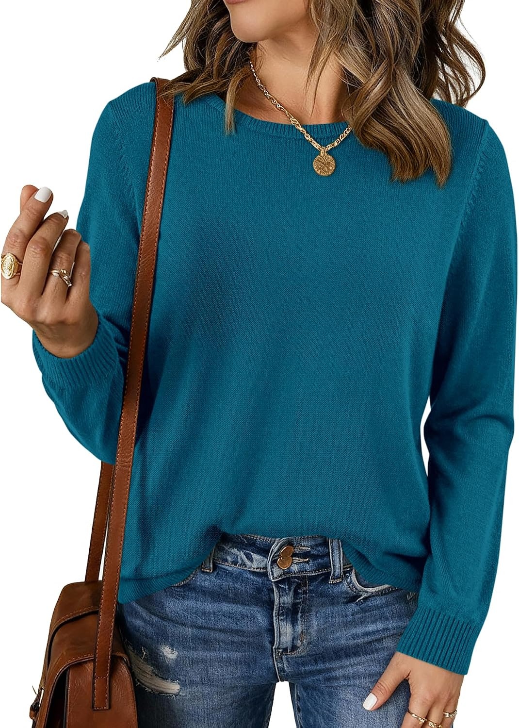 image:imageBTFBM Womens Long Sleeve Sweaters Crew Neck Basic TopsLake Blue