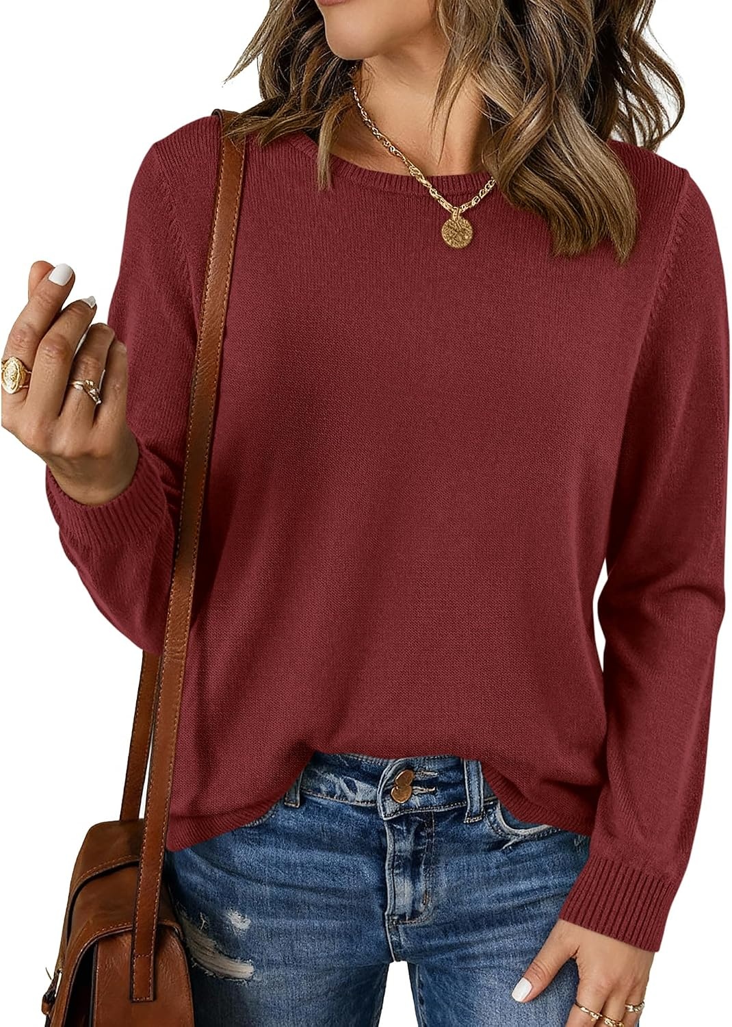 image:imageBTFBM Womens Long Sleeve Sweaters Crew Neck Basic TopsMaroon