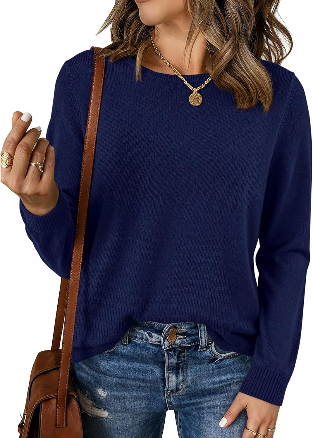 image:imageBTFBM Womens Long Sleeve Sweaters Crew Neck Basic TopsNavy Blue