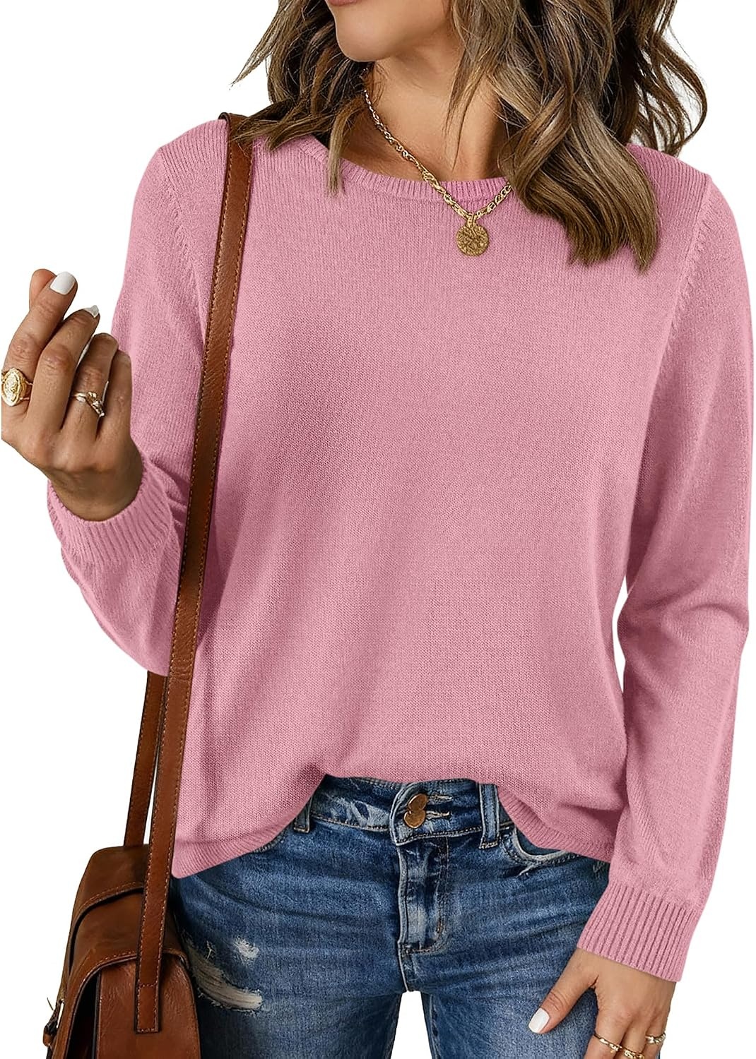 image:imageBTFBM Womens Long Sleeve Sweaters Crew Neck Basic TopsPink