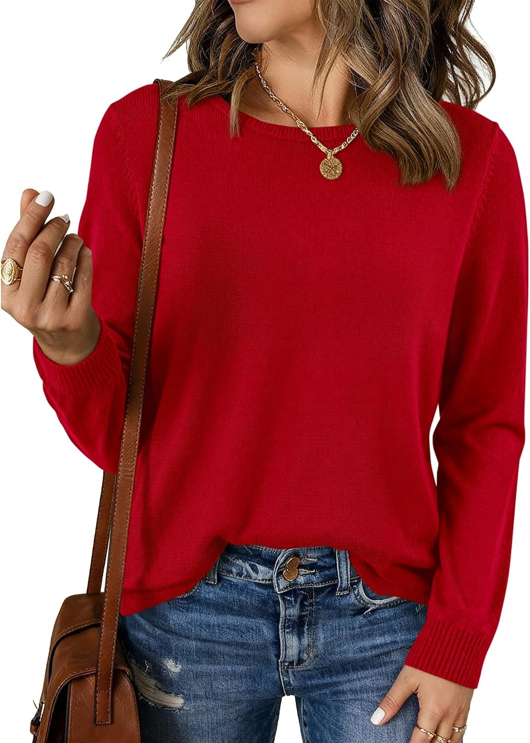 image:imageBTFBM Womens Long Sleeve Sweaters Crew Neck Basic TopsRed