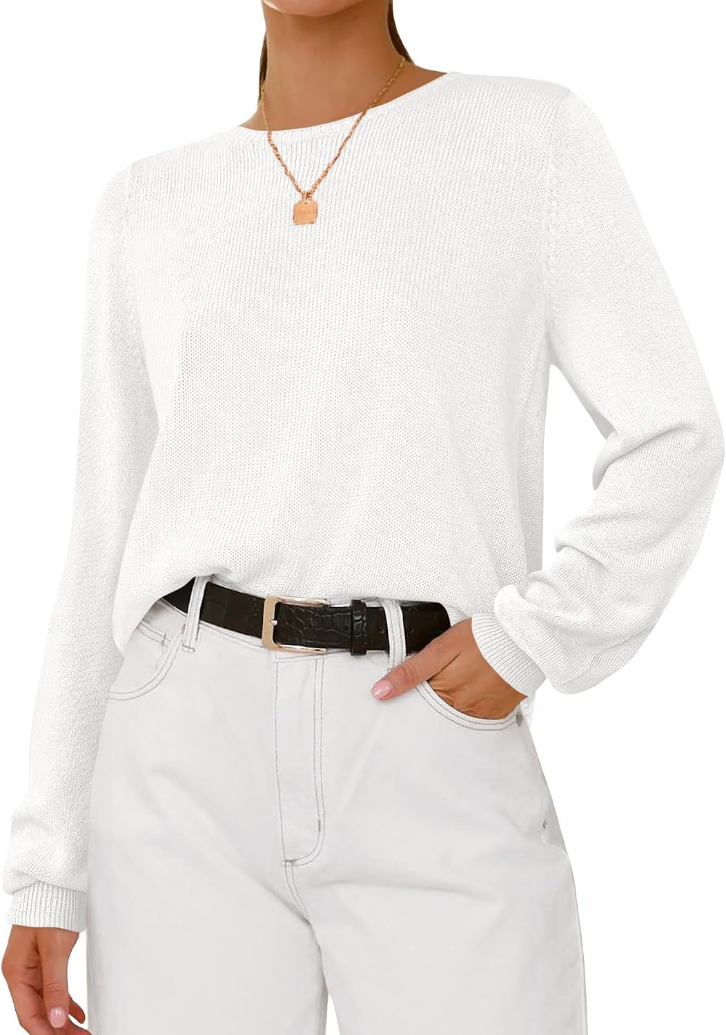 image:imageBTFBM Womens Long Sleeve Sweaters Crew Neck Basic TopsWhite