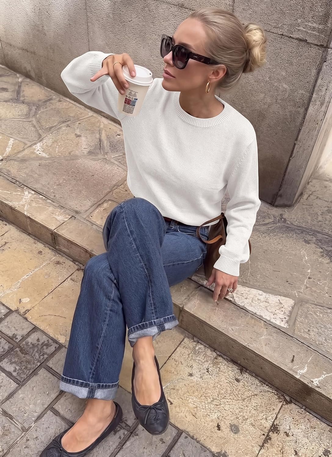 image:imageBTFBM Womens Long Sleeve Sweaters Crew Neck Basic TopsWhite