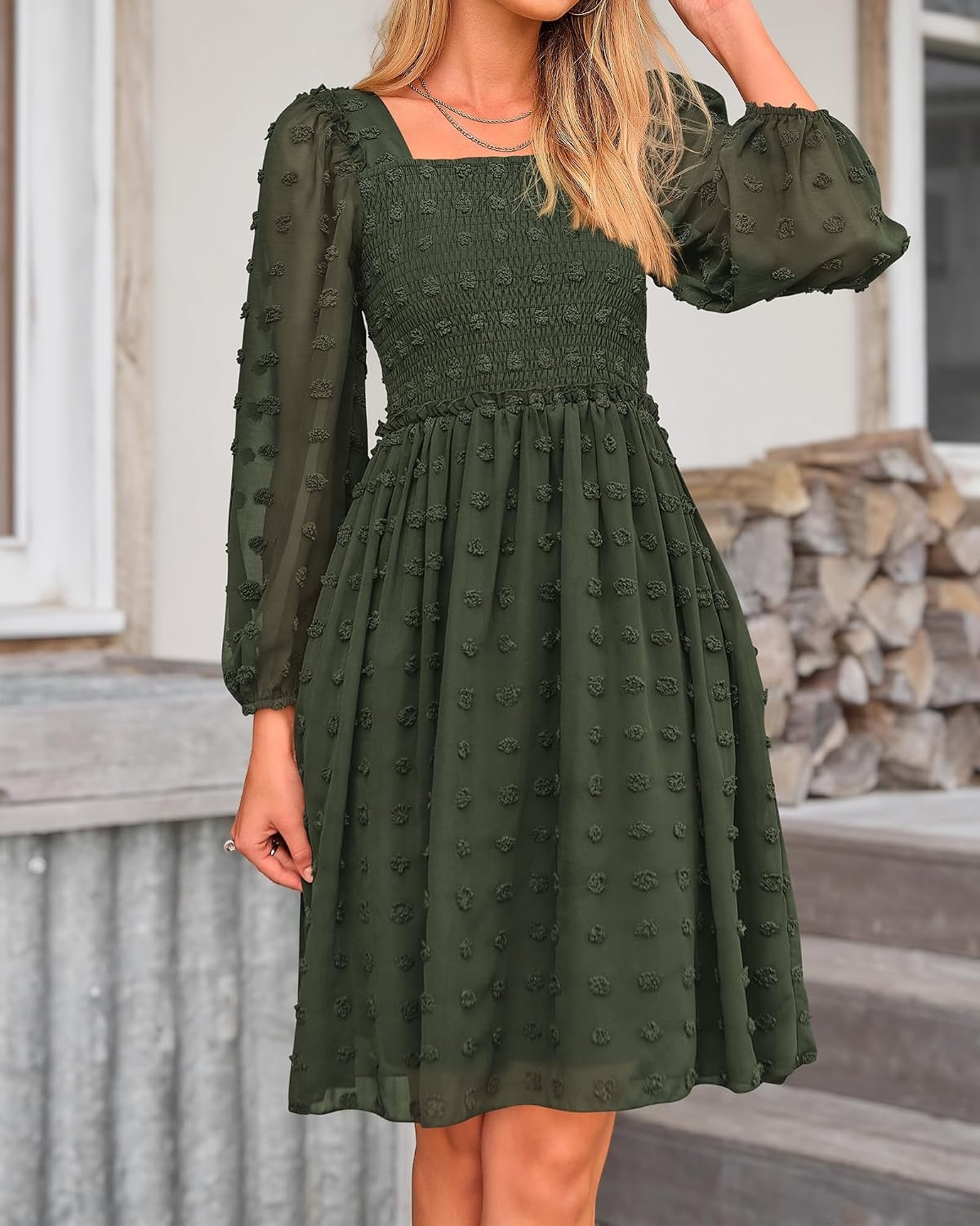 image:imageBTFBM Womens Mini Smocked Wedding Guest DressArmy Green