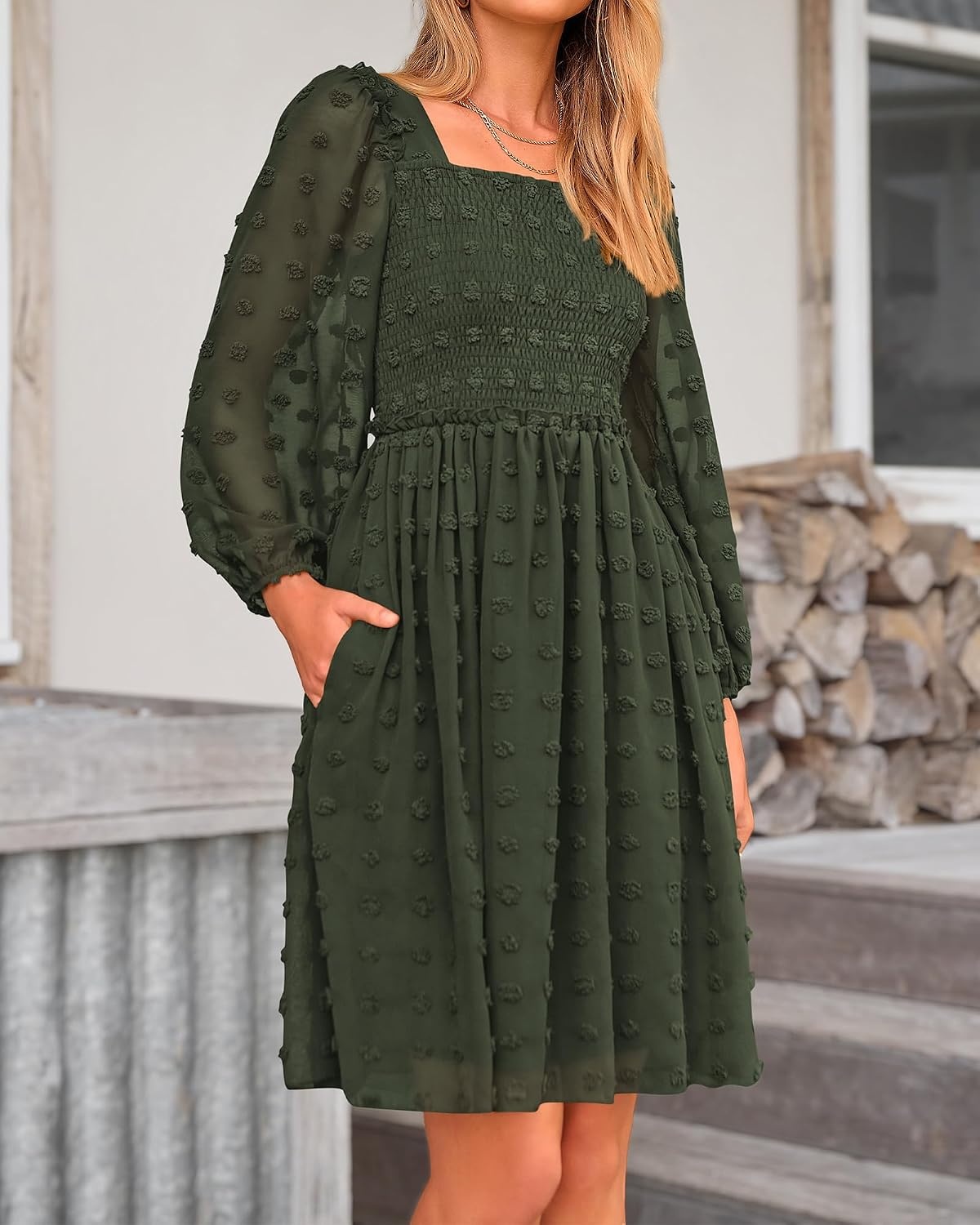 image:imageBTFBM Womens Mini Smocked Wedding Guest DressArmy Green