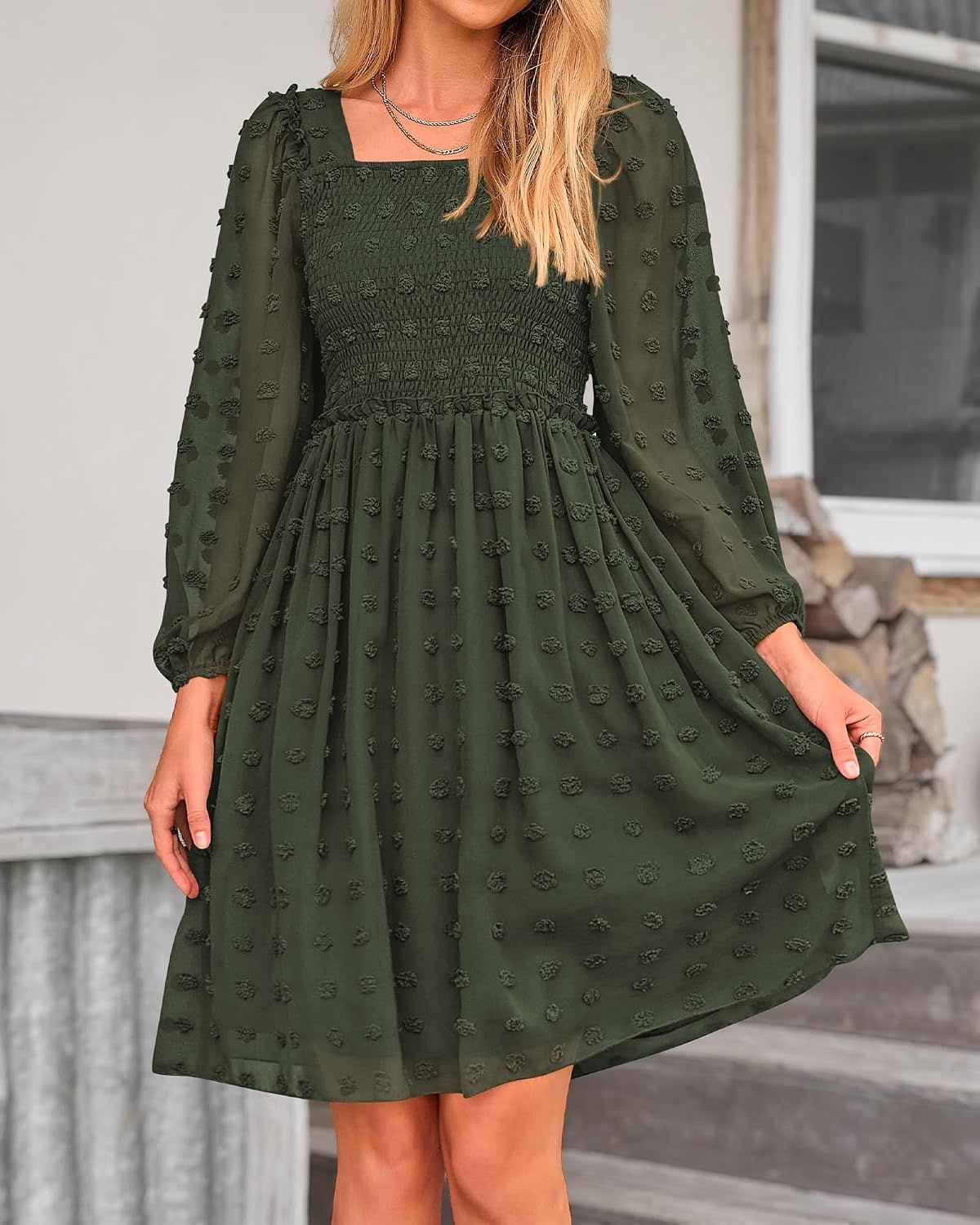 image:imageBTFBM Womens Mini Smocked Wedding Guest DressArmy Green