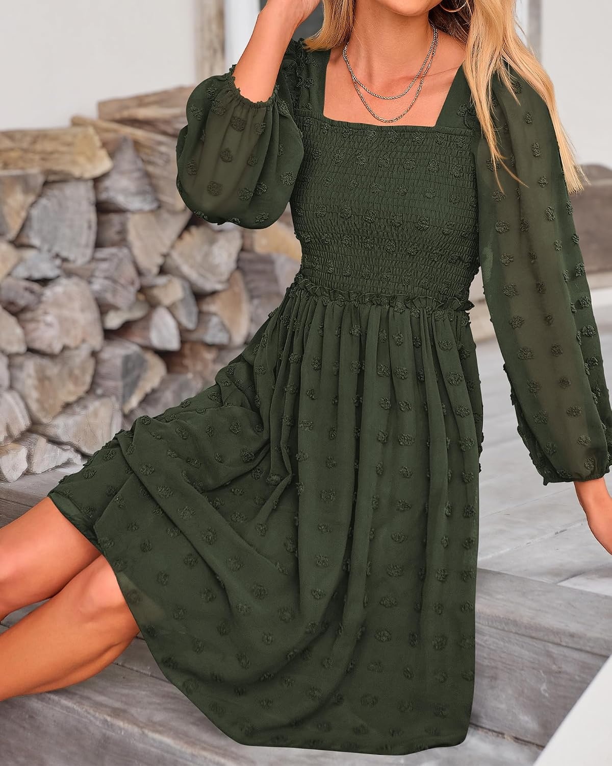 image:imageBTFBM Womens Mini Smocked Wedding Guest DressArmy Green