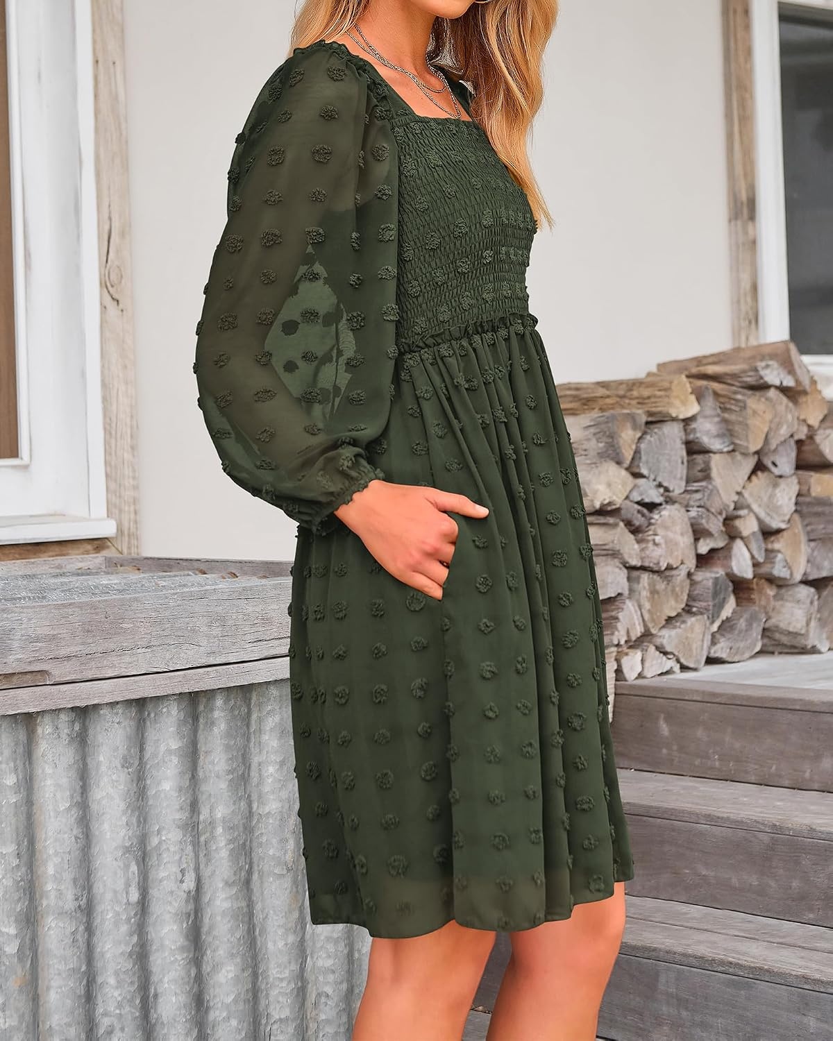 image:imageBTFBM Womens Mini Smocked Wedding Guest DressArmy Green