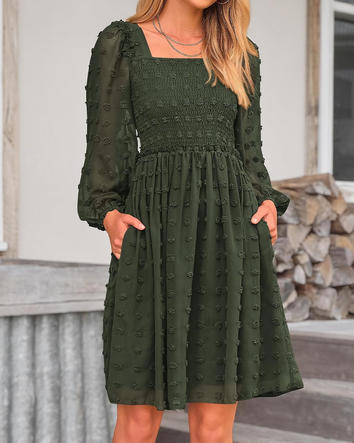 image:imageBTFBM Womens Mini Smocked Wedding Guest DressArmy Green
