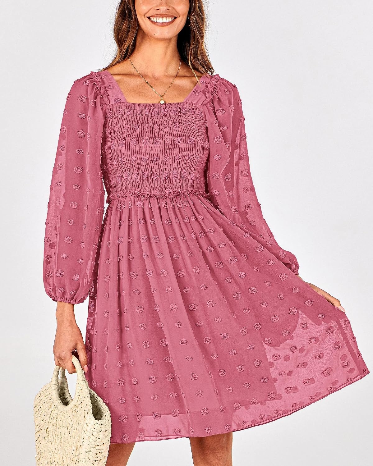 image:imageBTFBM Womens Mini Smocked Wedding Guest DressBean Paste Red