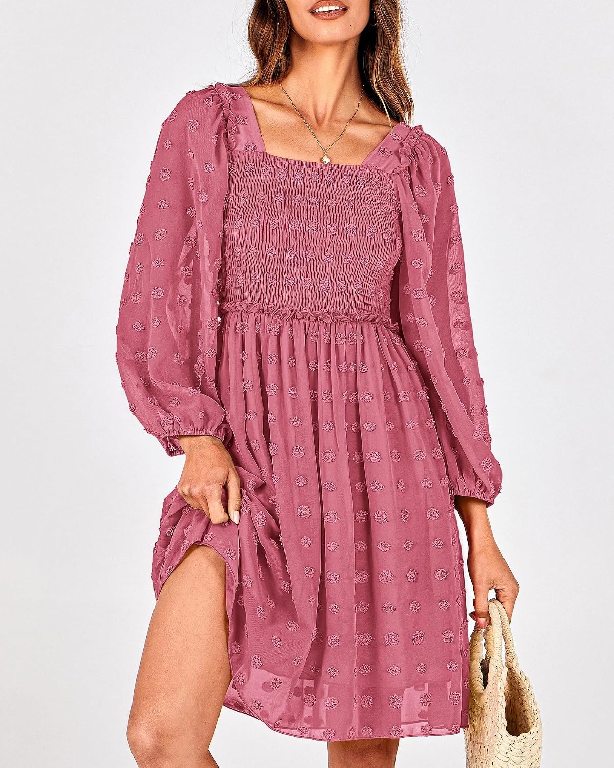 image:imageBTFBM Womens Mini Smocked Wedding Guest DressBean Paste Red